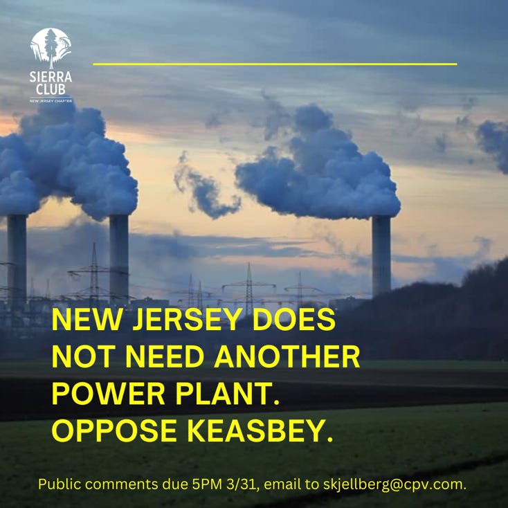 A coal plant at sunset with text overlay reading "New Jersey does not need another power plant. Oppose Keasey" with a Sierra Club New Jersey chapter logo in the top left.